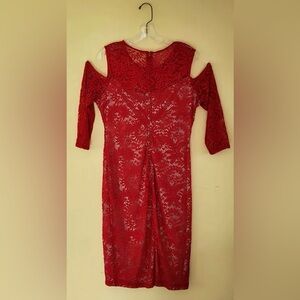 14 Bisou Bisou Women's Red Lace Dress with Sleeves and Open Shoulder Design
